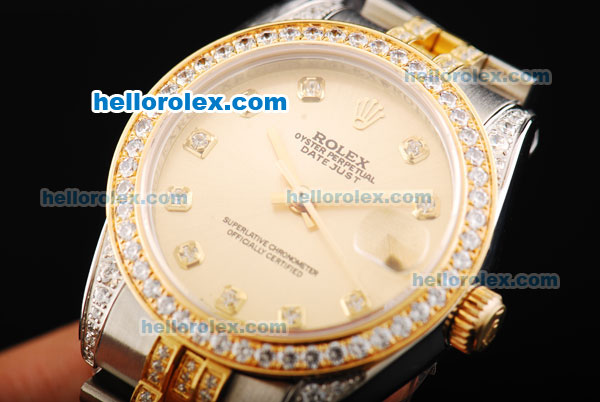 Rolex Datejust Automatic Movement Golden Dial with Diamond Bezel and Two Tone Strap - Click Image to Close